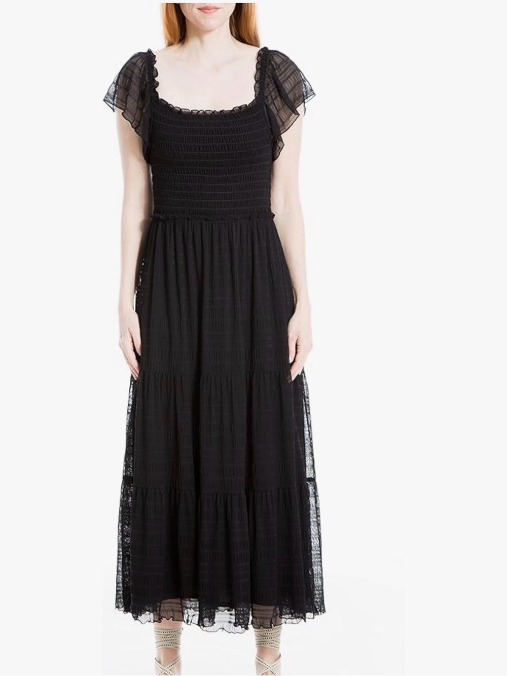Max Studio Black Smocked Midi Dress with Flutter Sleeves